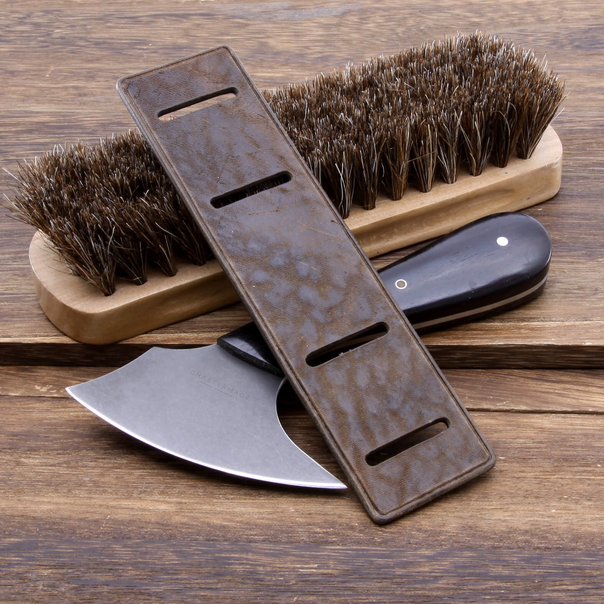 Top view of leather bund pad in Newman Style Vintage 404 Dark Lava Brown | Stitch-less construction, made with full grain Italian veg-tanned leather by Cozy Handmade