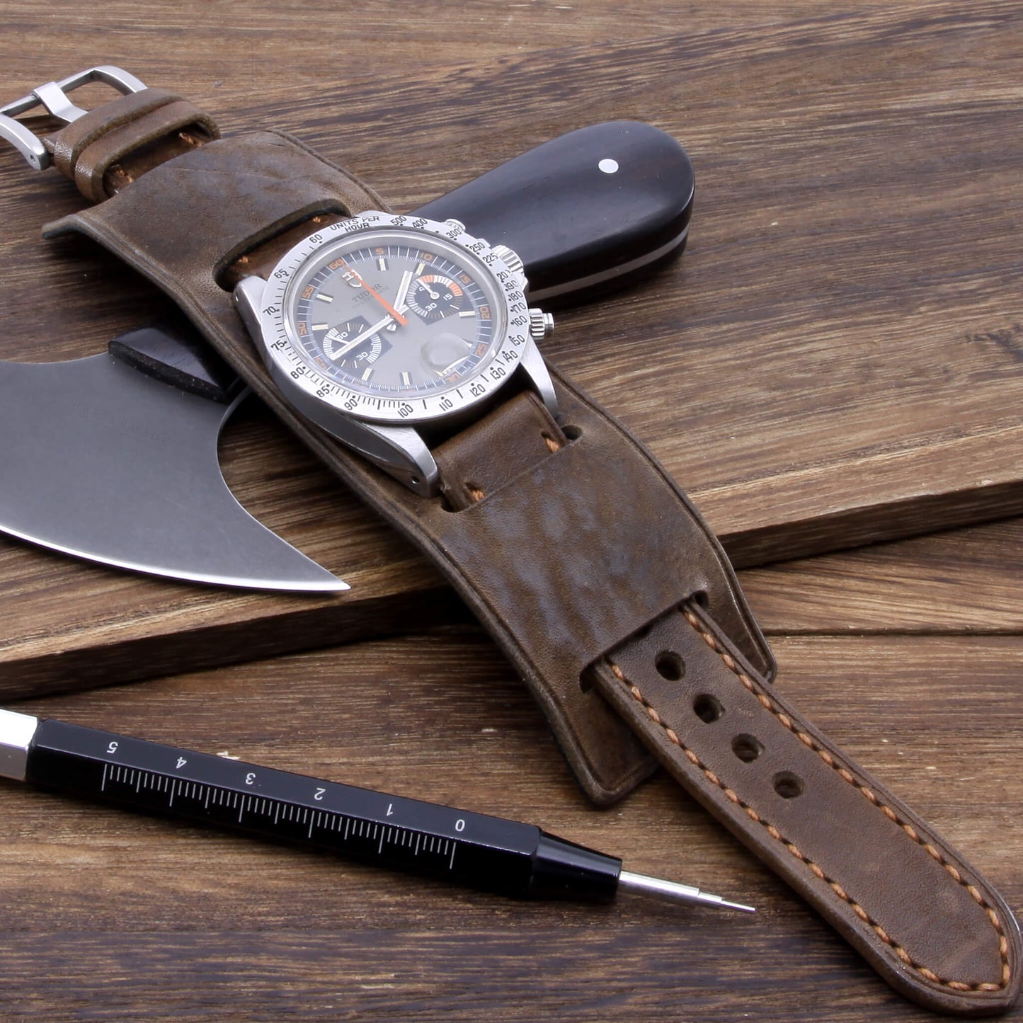 Leather bund pad in Newman Style Vintage 404 Dark Lava Brown (timepiece for illustrative purposes only) | Stitch-less construction, made with full grain Italian veg-tanned leather