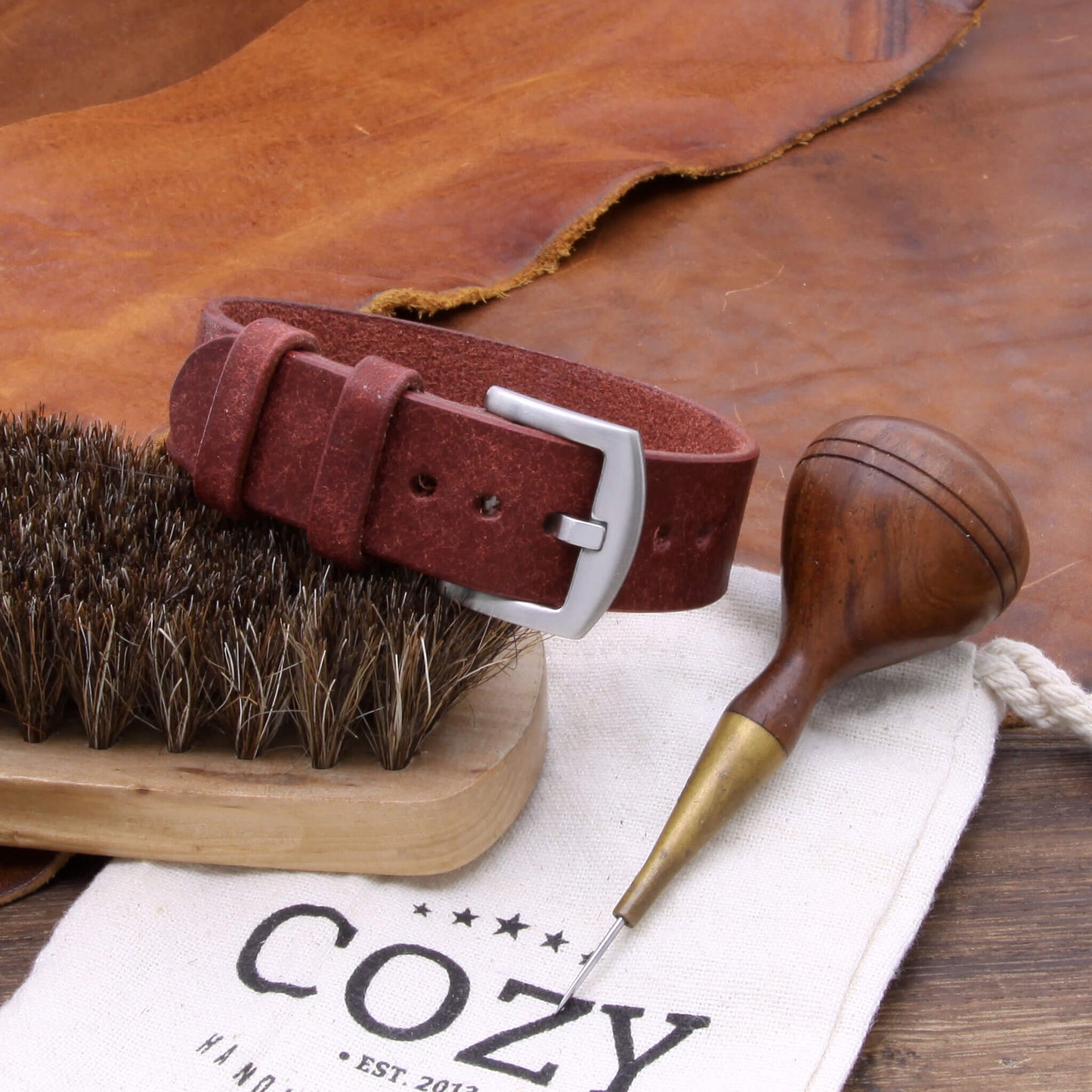 3rd View of  Single Pass Leather Watch Strap, 2-Keeper Pueblo Cocinella, made with full grain Italian veg-tanned leather by Cozy Handmade