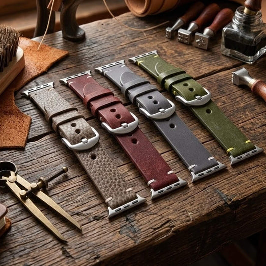 Minimalist 2-piece leather Apple watch straps, handcrafted by Cozy Handmade | Full Grain Italian Vegetable-Tanned