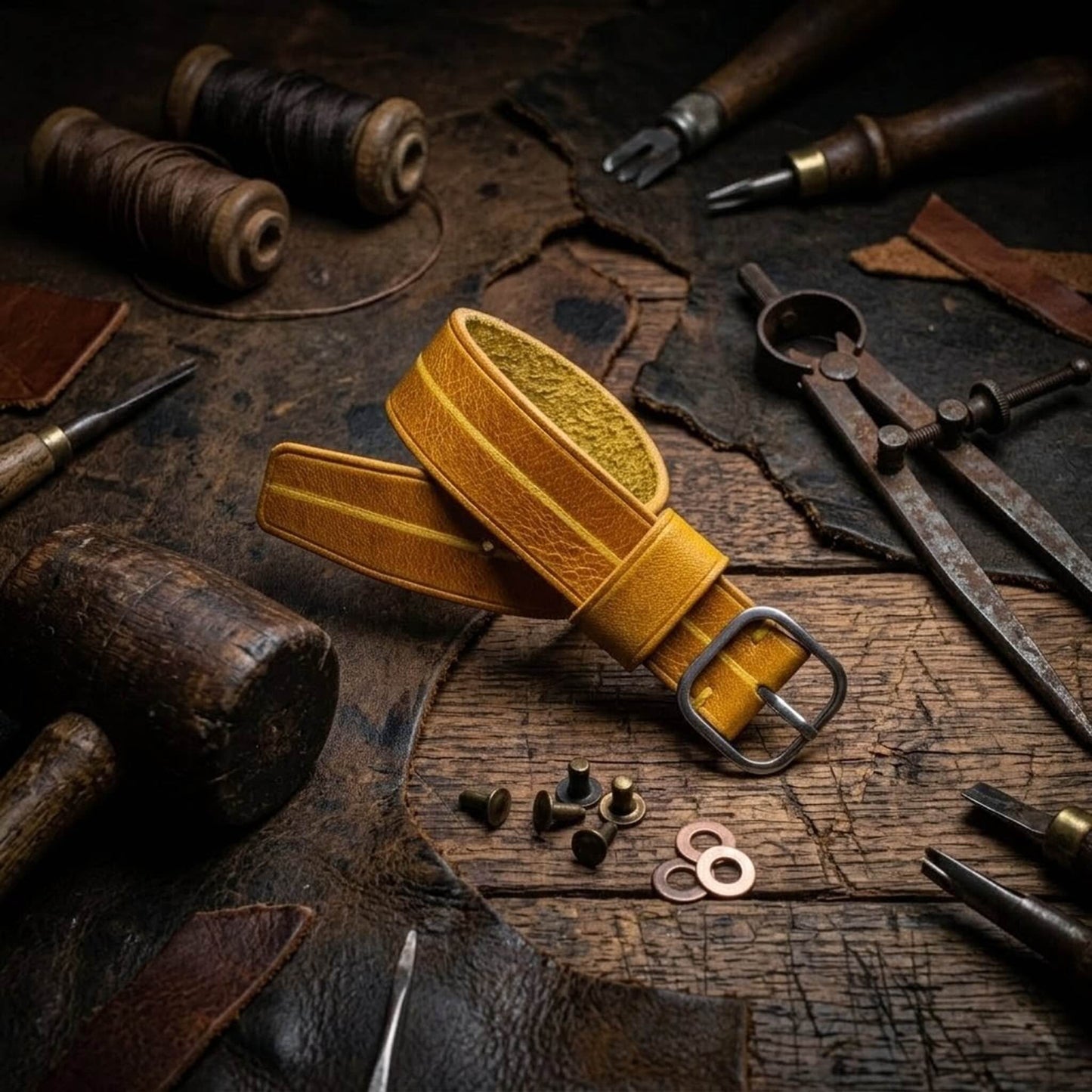 Bold Single Pass Watch Strap in Yellow Ocher Italian Veg-Tanned Leather - Garrison Military 104 by Cozy Handmade