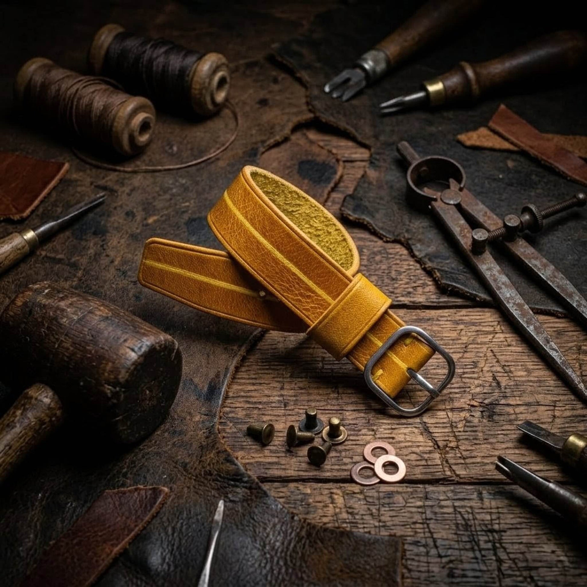 Bold Single Pass Watch Strap in Yellow Ocher Italian Veg-Tanned Leather - Garrison Military 104 by Cozy Handmade