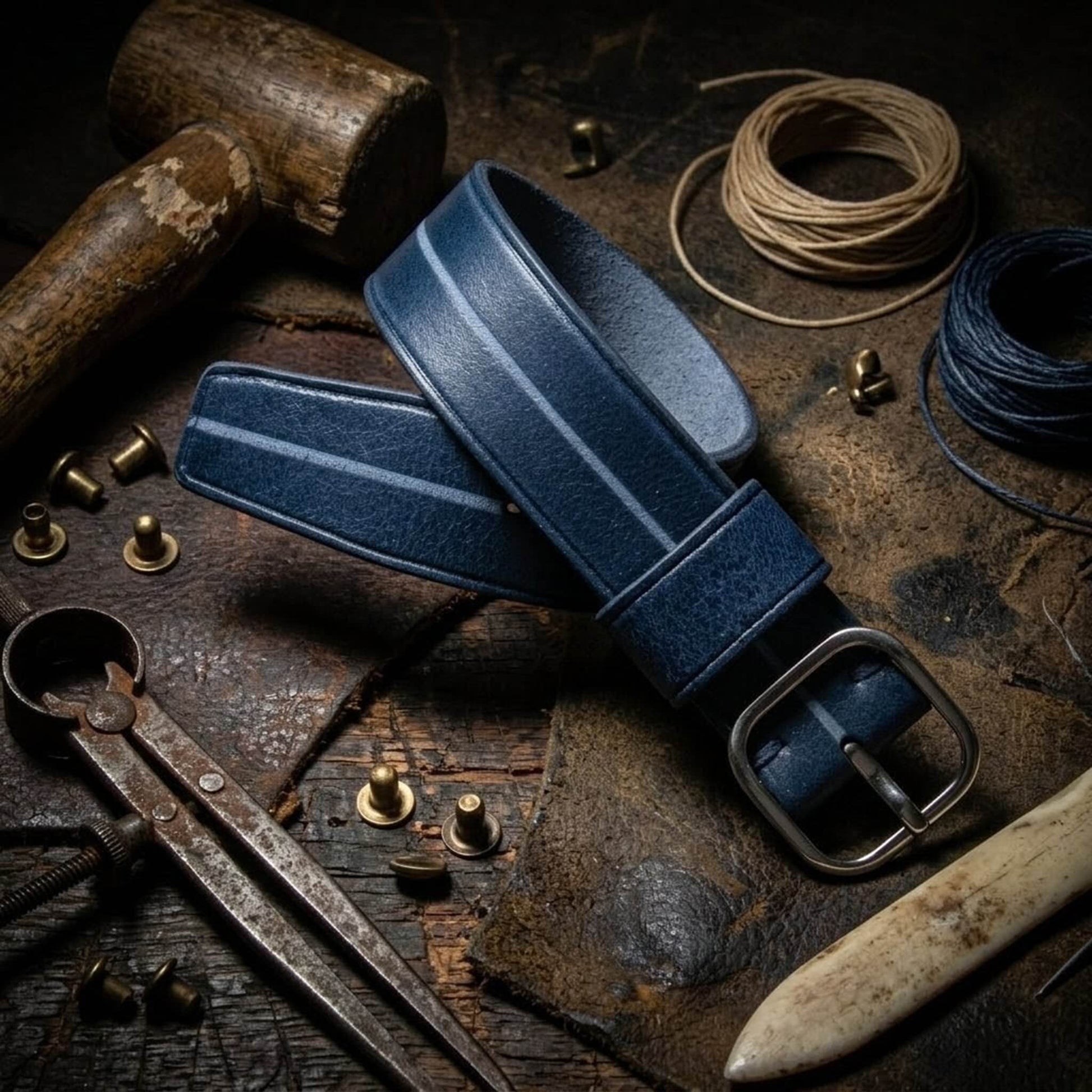 Retro Single Pass Watch Strap in Dark Blue Italian Veg-Tanned Leather - Garrison Sequoia 108 by Cozy Handmade