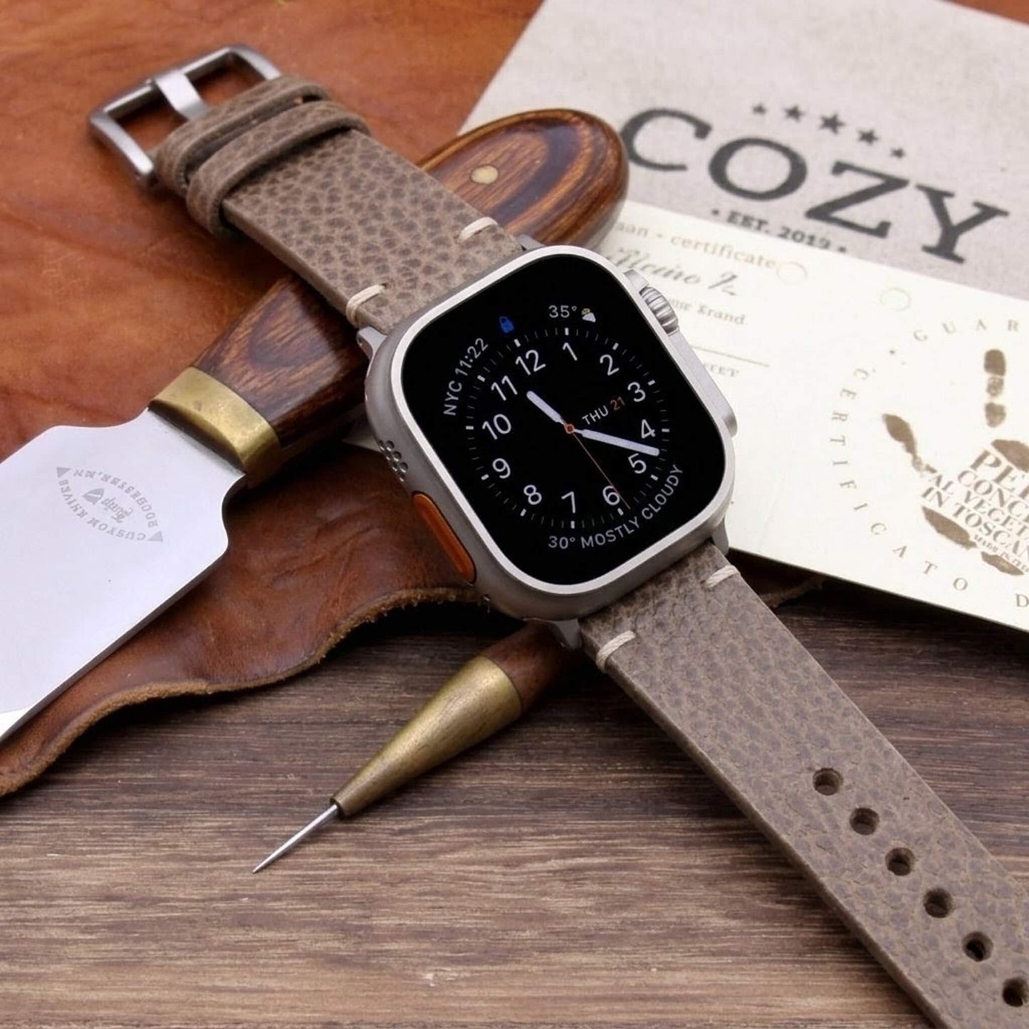 Handmade Leather Apple Watch strap, Minimalist style, in Buttero Taupe vegetable-tanned leather worn on Apple Watch — Cozy Handmade