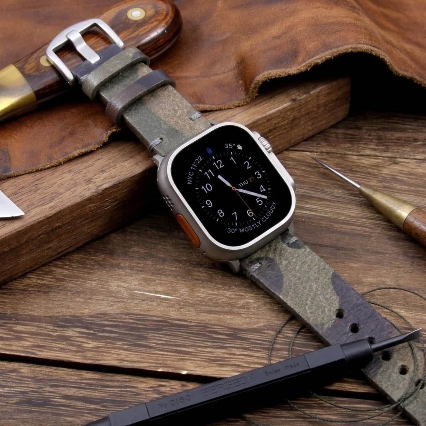 Handmade Leather Apple Watch strap, Minimalist style, in Camo Grigio vegetable-tanned leather worn on Apple Watch — Cozy Handmade