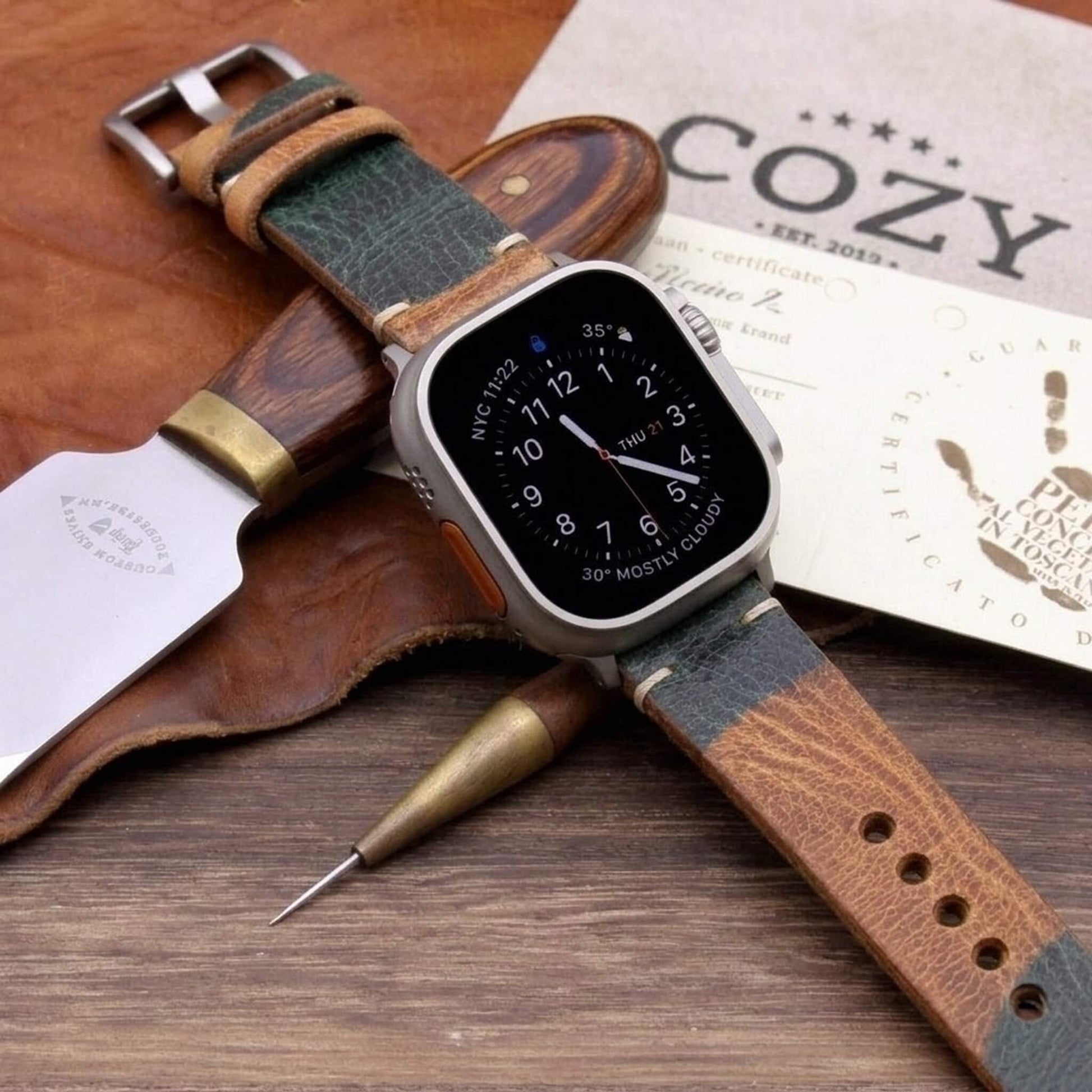 Handmade Leather Apple Watch strap, Minimalist style, in Military 101 (Green and Brown Camouflage) vegetable-tanned leather worn on Apple Watch — Cozy Handmade