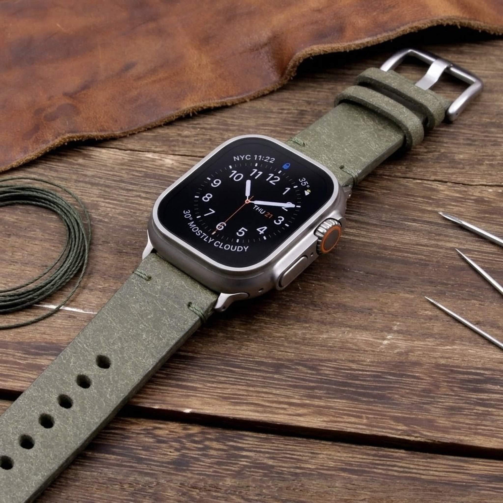 Handmade Leather Apple Watch strap, Minimalist style, in Rustic Olive vegetable-tanned leather worn on Apple Watch — Cozy Handmade