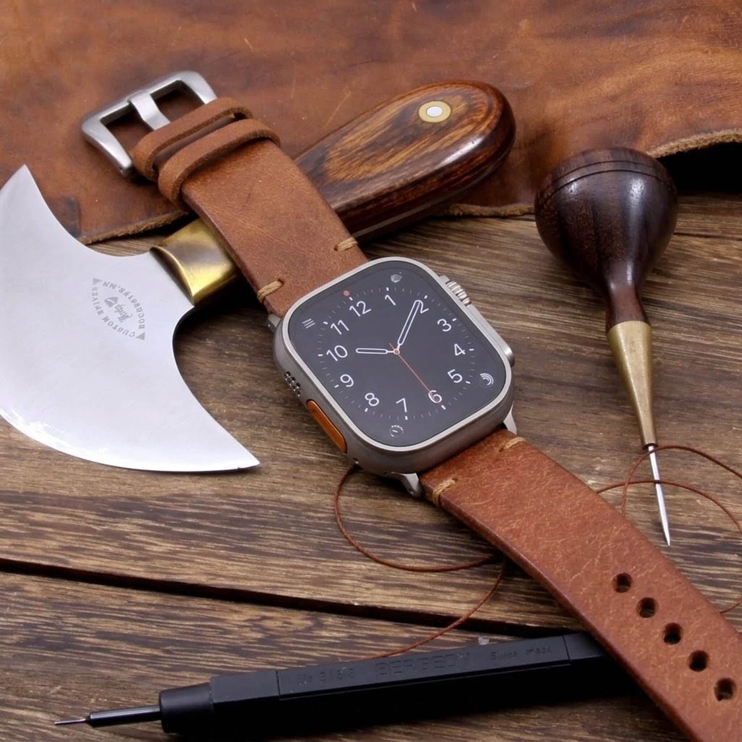 Handmade Leather Apple Watch strap, Minimalist style, in Rustic Russet vegetable-tanned leather worn on Apple Watch — Cozy Handmade