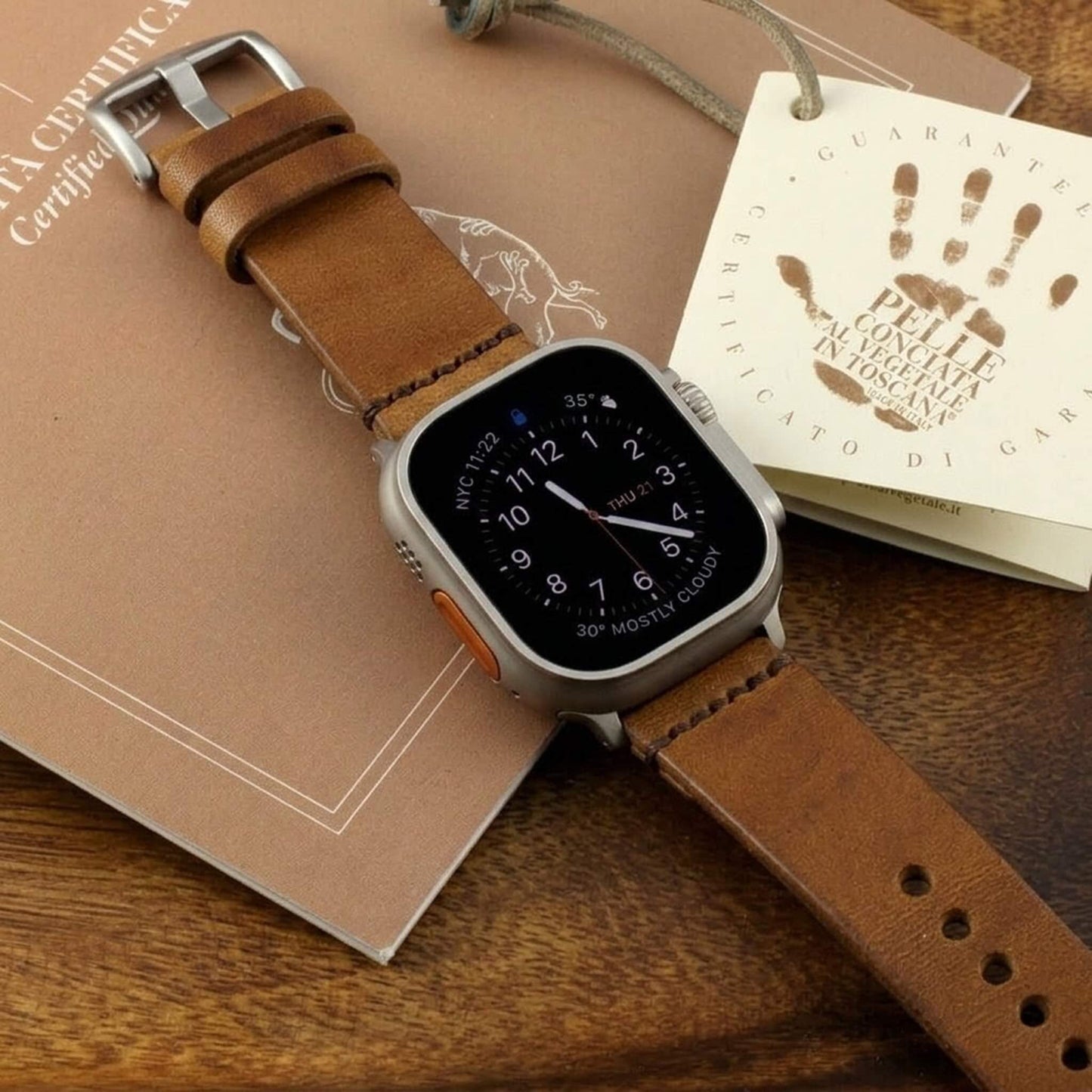 Handmade Leather Apple Watch strap, Minimalist style, in Vintage 401 (Tan Brown) vegetable-tanned leather worn on Apple Watch — Cozy Handmade