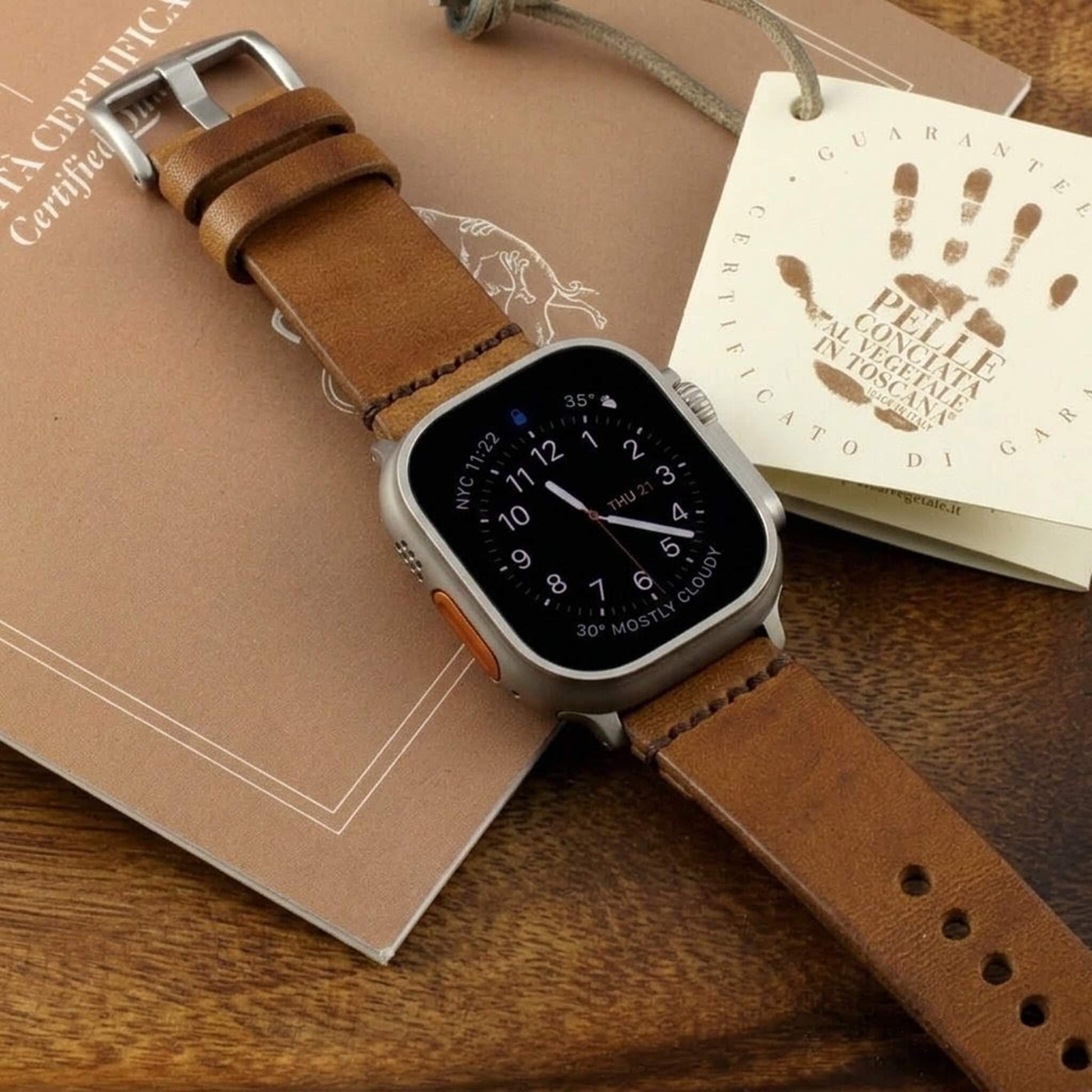 Handmade Leather Apple Watch strap, Minimalist style, in Vintage 401 (Tan Brown) vegetable-tanned leather worn on Apple Watch — Cozy Handmade
