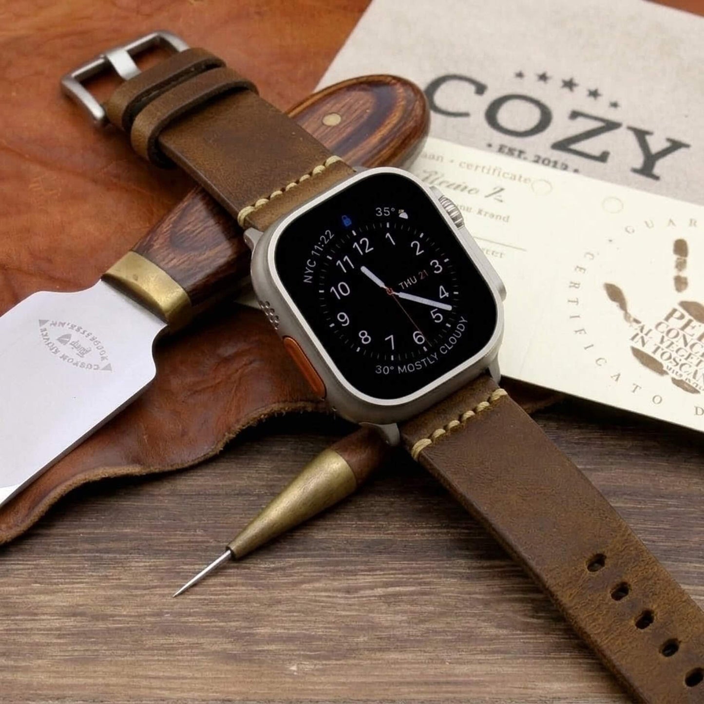 Handmade Leather Apple Watch strap, Minimalist style, in Vintage 402 (Chocolate Brown) vegetable-tanned leather worn on Apple Watch — Cozy Handmade