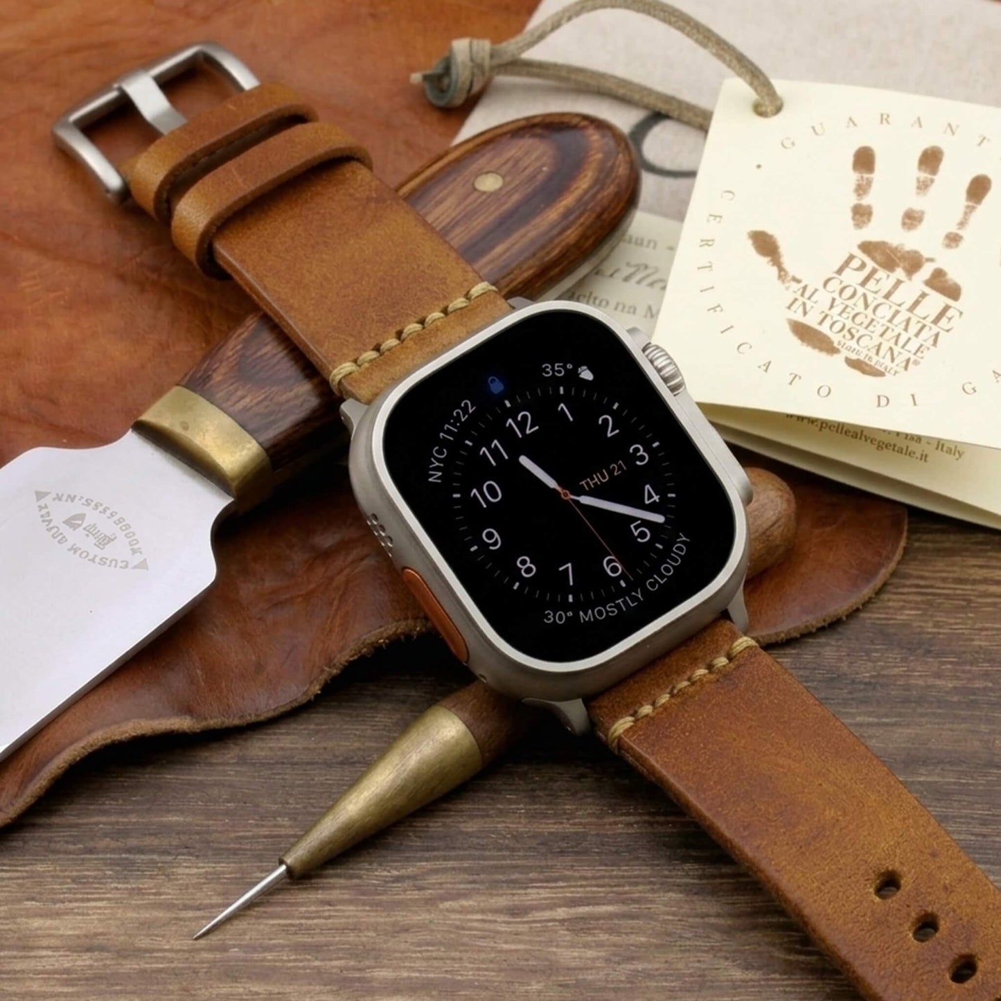 Handmade Leather Apple Watch strap, Minimalist style, in Vintage 403 (Tan Brown) vegetable-tanned leather worn on Apple Watch — Cozy Handmade