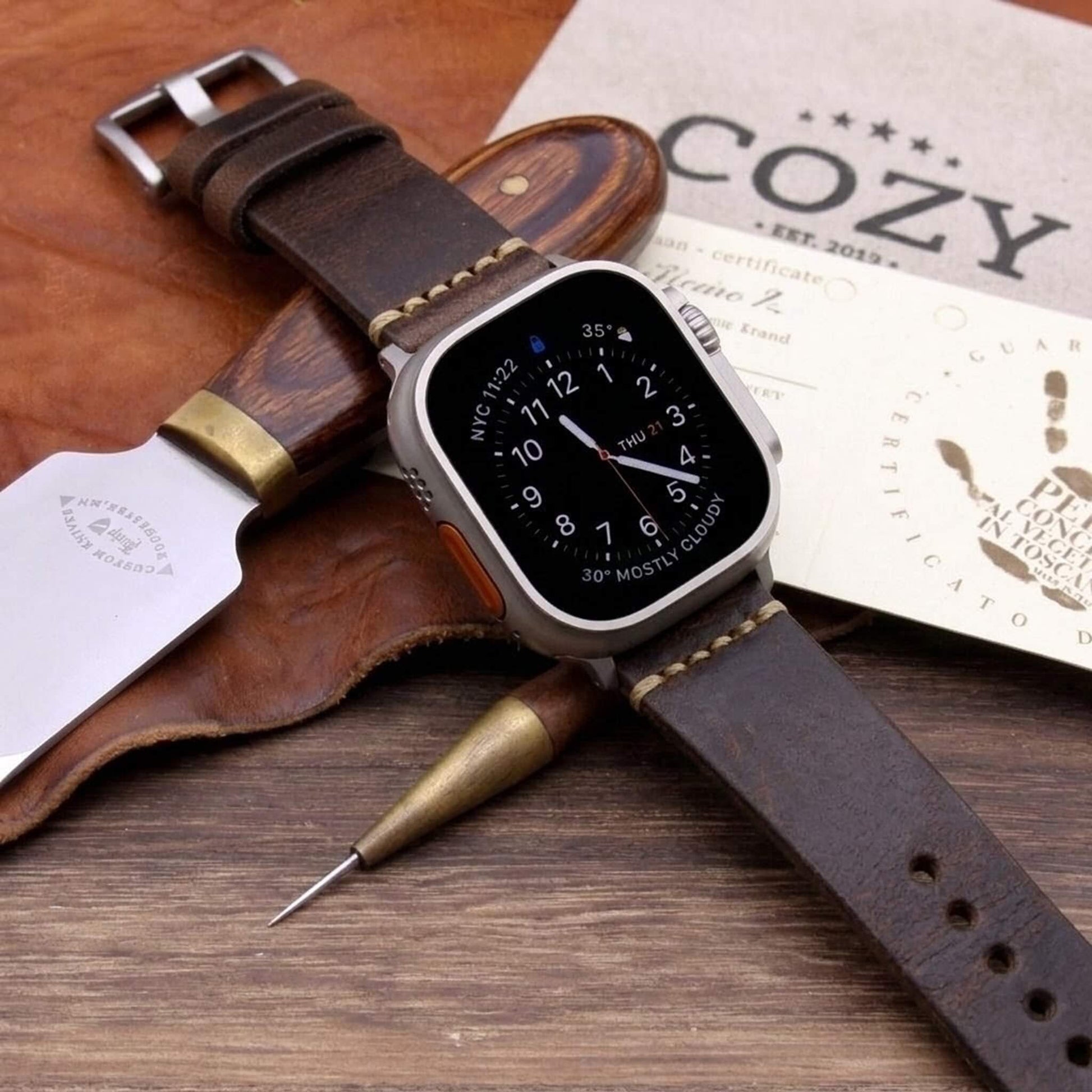 Handmade Leather Apple Watch strap, Minimalist style, in Vintage 405 (Dark Reddish Brown) vegetable-tanned leather worn on Apple Watch — Cozy Handmade
