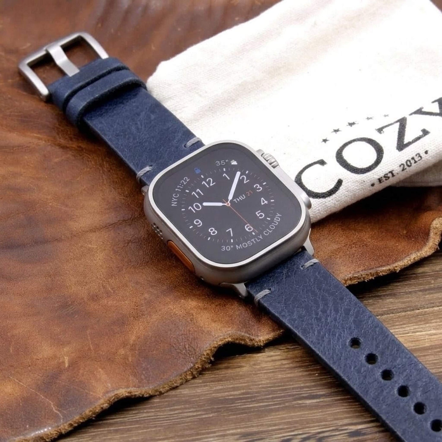 Handmade Leather Apple Watch strap, Minimalist style, in Vintage 407 (Navy Blue) vegetable-tanned leather worn on Apple Watch — Cozy Handmade