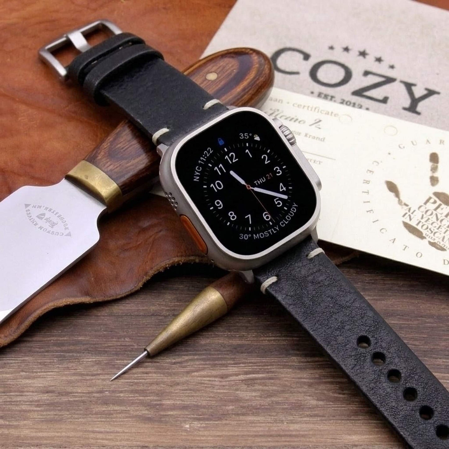 Handmade Leather Apple Watch strap, Minimalist style, in Vintage Nero (Black) vegetable-tanned leather worn on Apple Watch — Cozy Handmade
