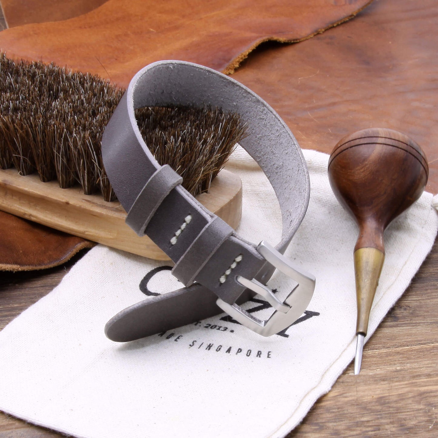 4th View of Single Pass Leather Watch Strap, 2-Keeper Koala Antracite, made with Italian veg-tanned leather by Cozy Handmade