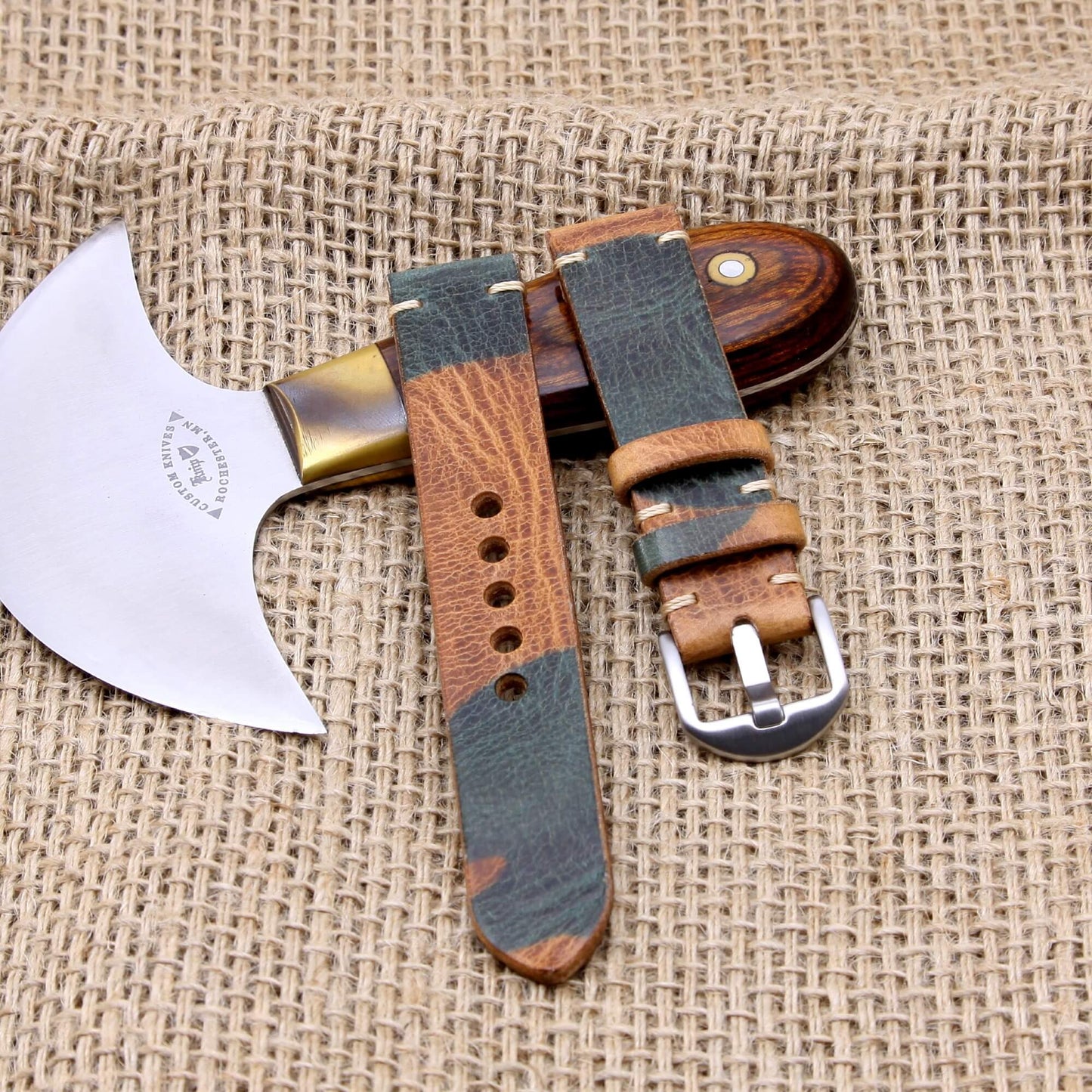 Minimalist Leather Apple Watch strap in Military 101 (Green and Brown Camouflage) vegetable-tanned leather — Cozy Handmade