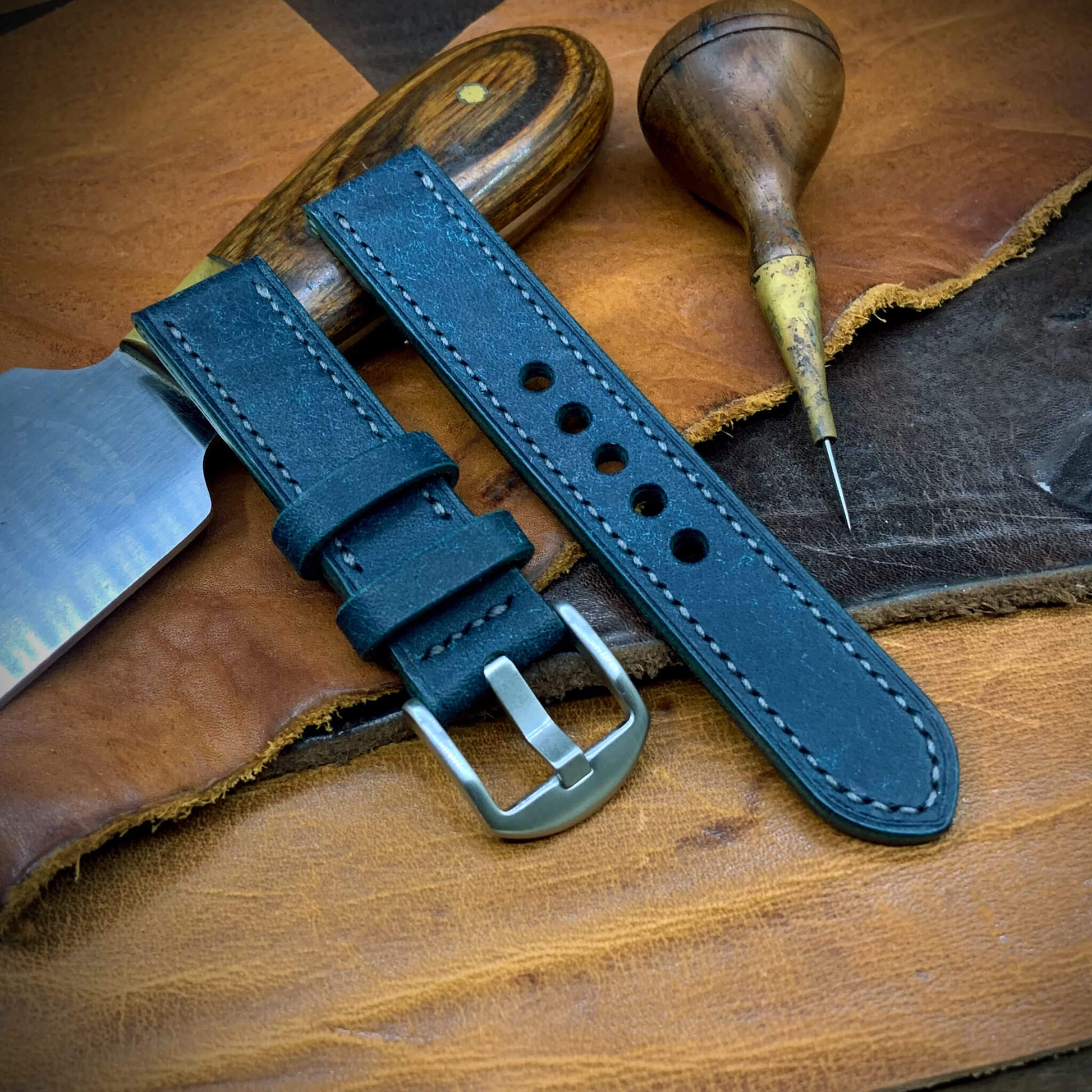 2-Piece Full Stitch Leather Watch Strap, made with Pueblo Nazionale full grain Italian veg-tanned leather by Cozy Handmade