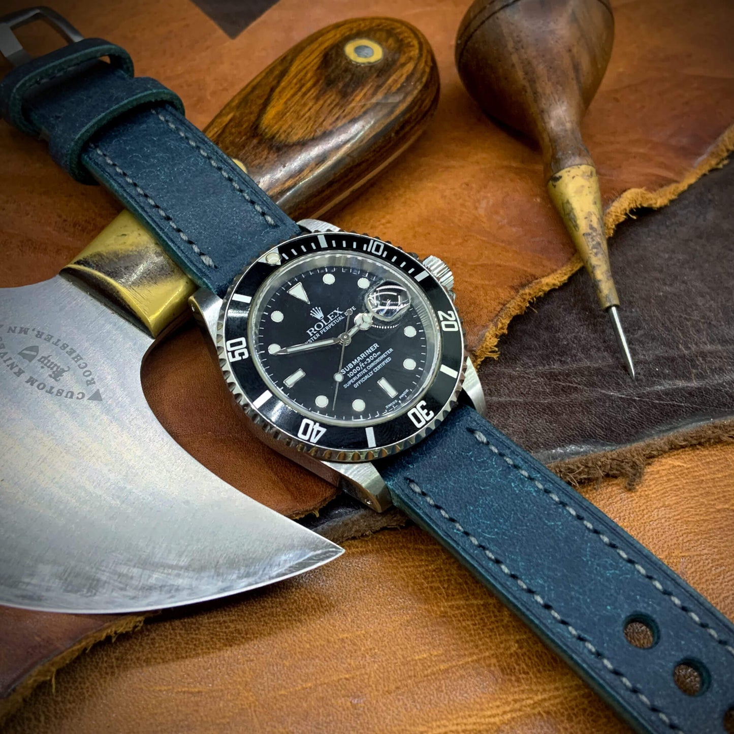 2-Piece Full Stitch Leather Watch Strap, made with Pueblo Nazionale full grain Italian veg-tanned leather by Cozy Handmade