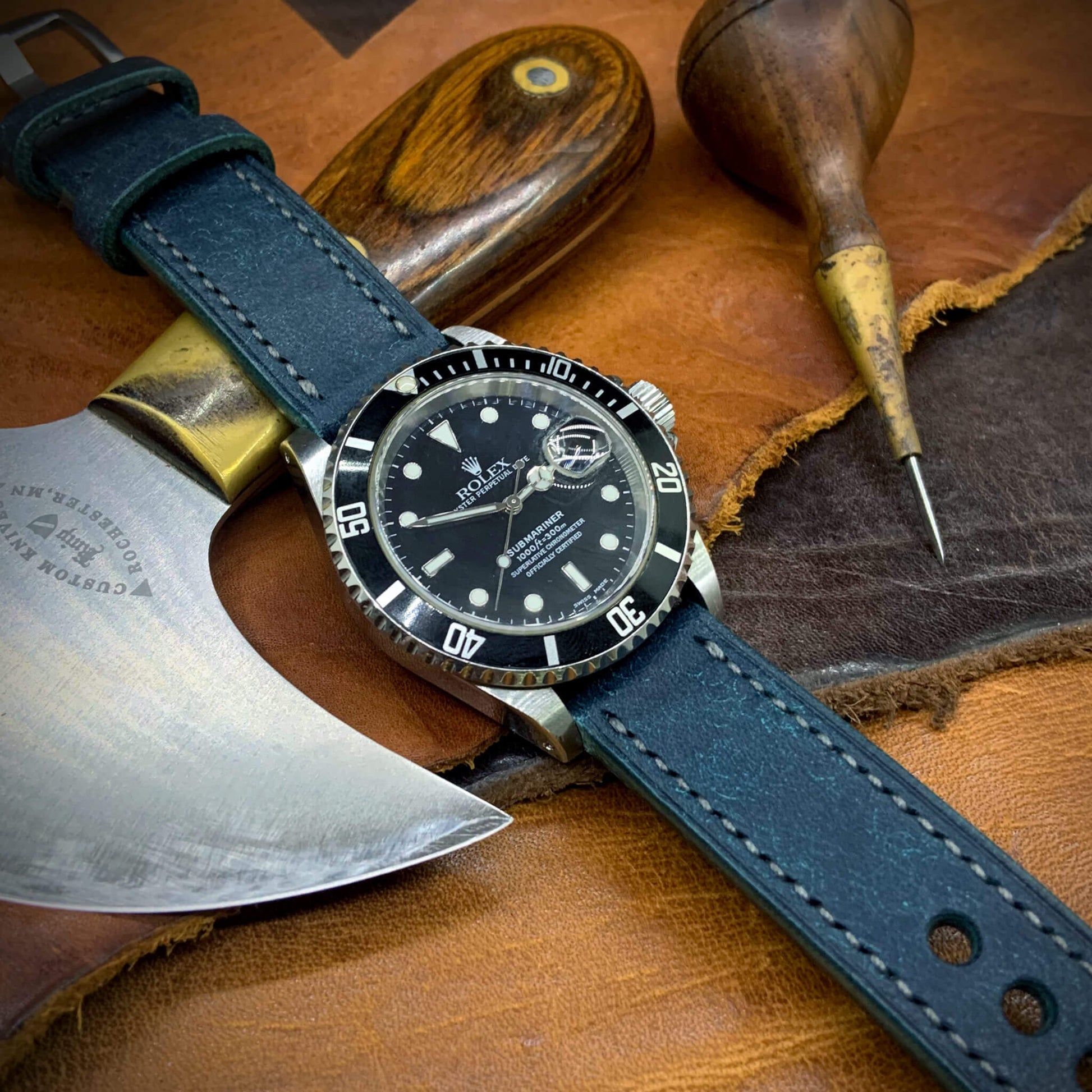2-Piece Full Stitch Leather Watch Strap, made with Pueblo Nazionale full grain Italian veg-tanned leather by Cozy Handmade