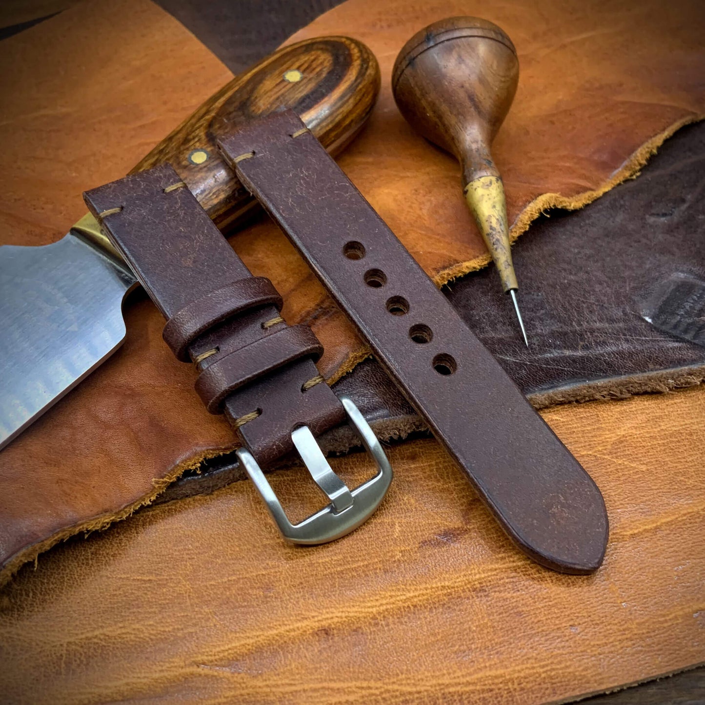 2-Piece Minimalist Leather Watch Strap, made with Pueblo Tobacco full grain Italian veg-tanned leather by Cozy Handmade