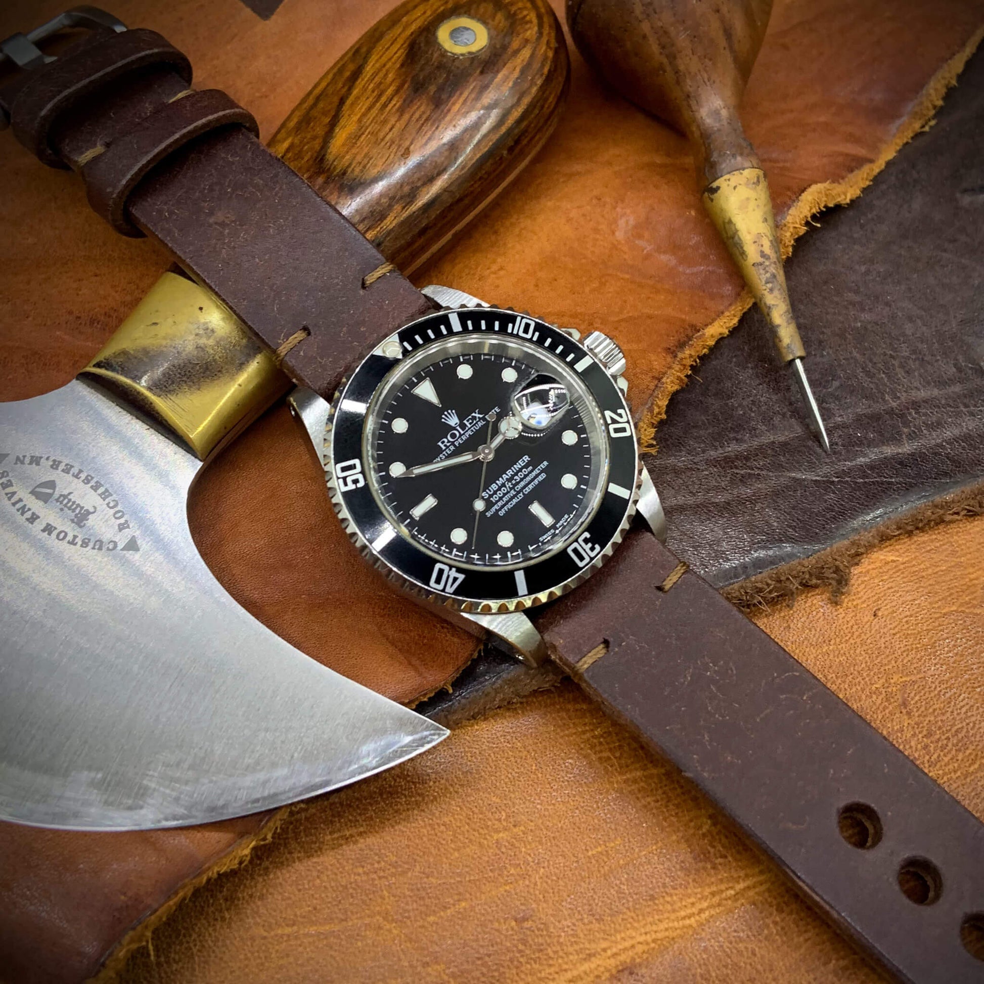 2-Piece Minimalist Leather Watch Strap, made with Pueblo Tobacco full grain Italian veg-tanned leather by Cozy Handmade