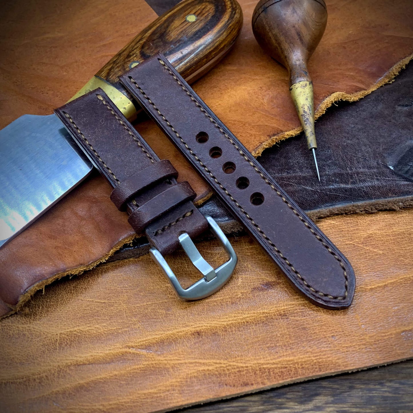 2-Piece Full Stitch Leather Watch Strap, made with Pueblo Tabacco full grain Italian veg-tanned leather by Cozy Handmade