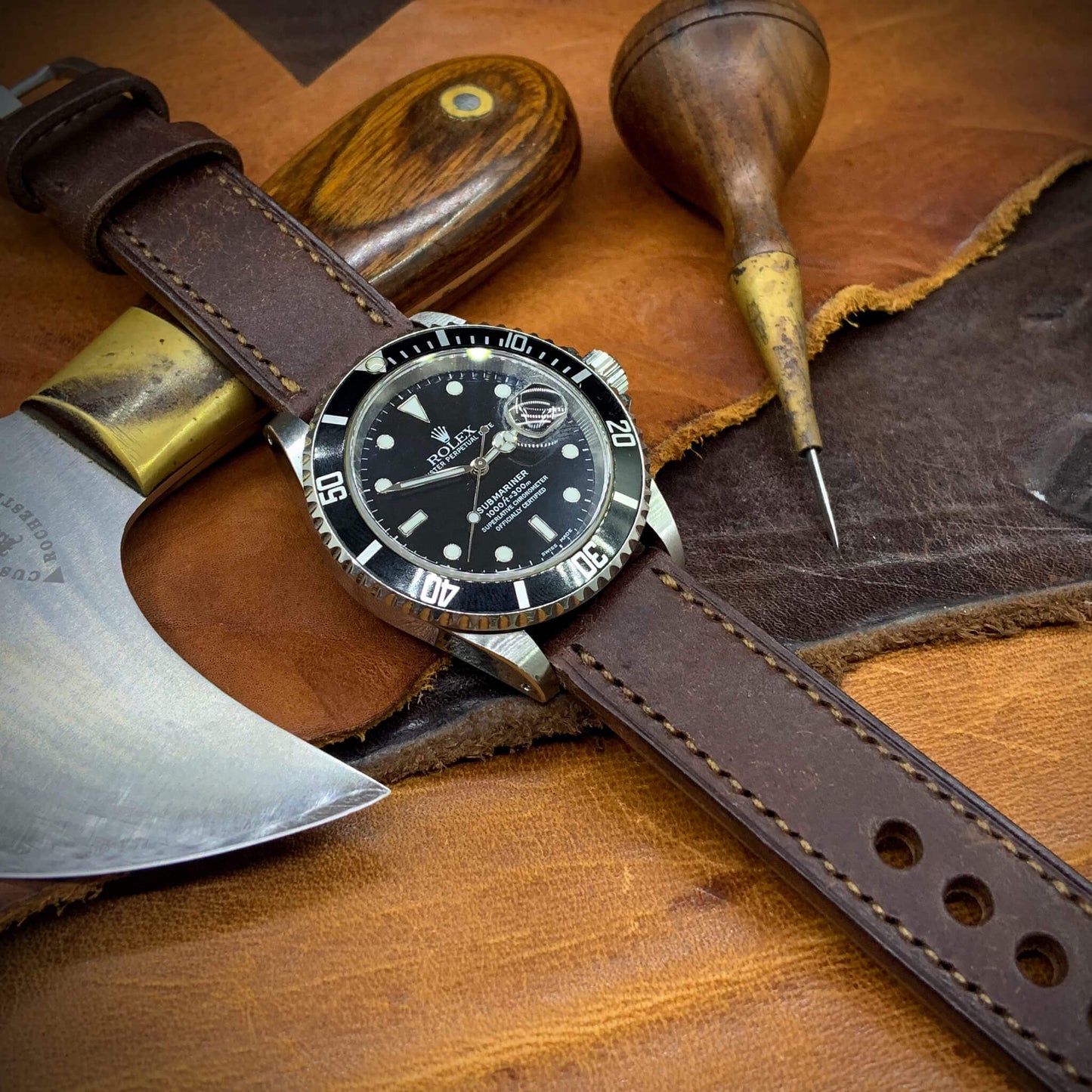 2-Piece Full Stitch Leather Watch Strap, made with Pueblo Tabacco full grain Italian veg-tanned leather by Cozy Handmade