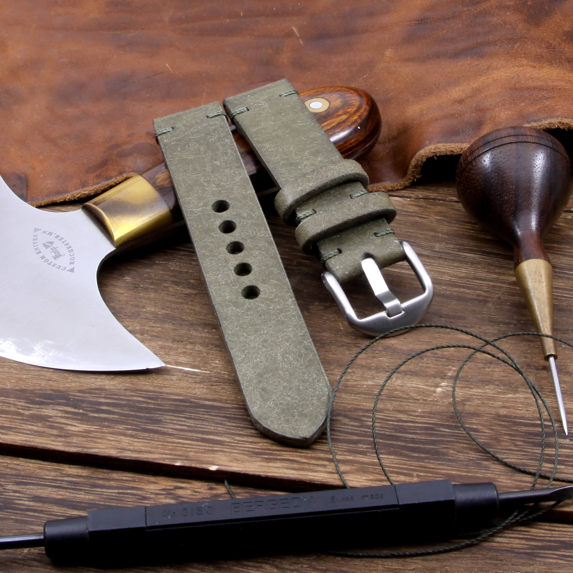 Minimalist Leather Apple Watch strap in Rustic Olive vegetable-tanned leather — Cozy Handmade