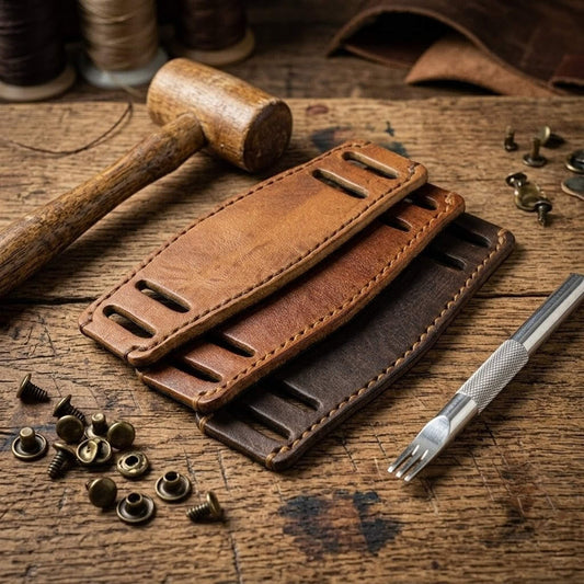 Handmade Italian vegetable tanned leather bund pads in various brown shades | Cozy Handmade Style I Watch Cuff | Watch Strap Accessory | Vintage Leather Series