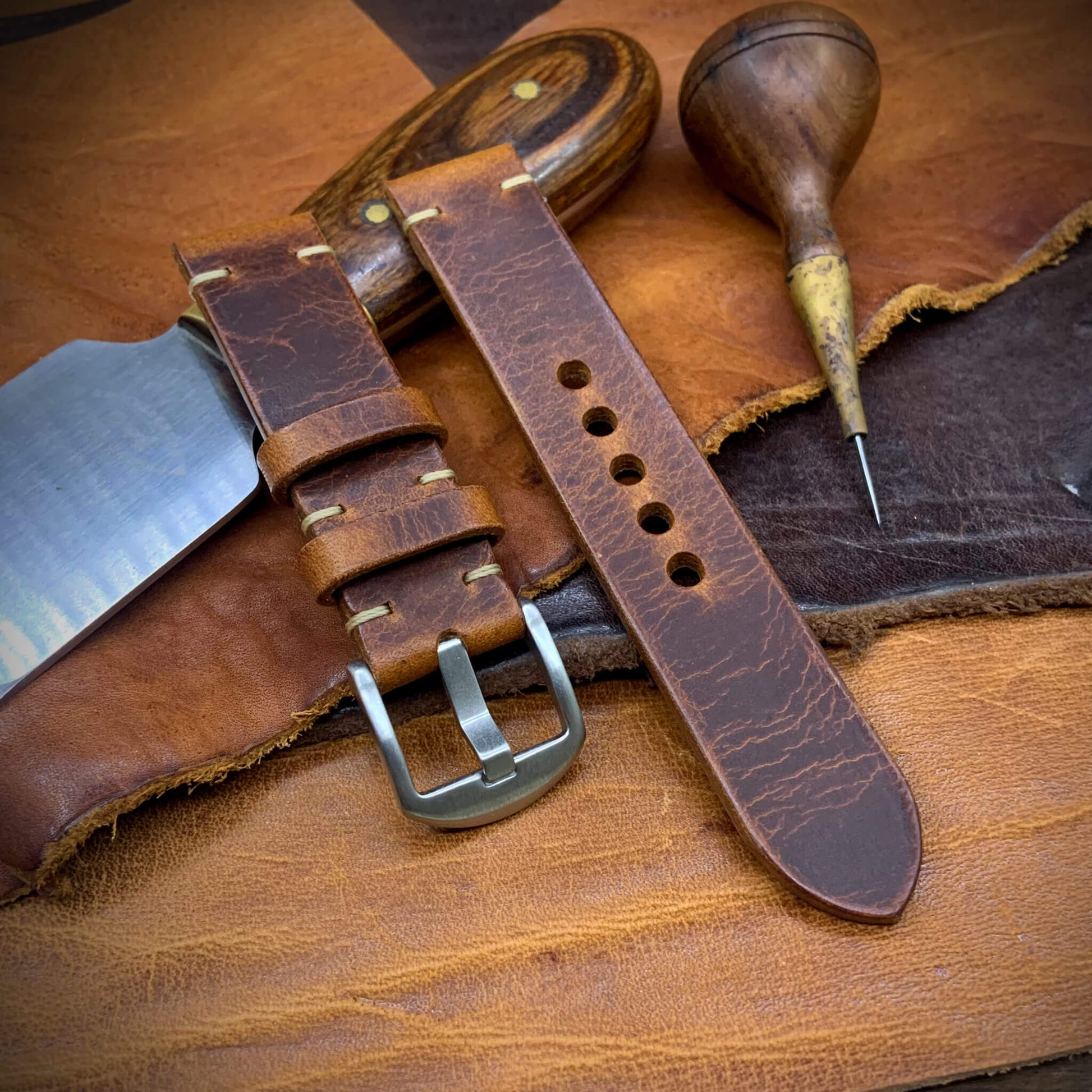 2-Piece Minimalist Leather Watch Strap, made with Wax Cognac full grain Italian veg-tanned leather by Cozy Handmade