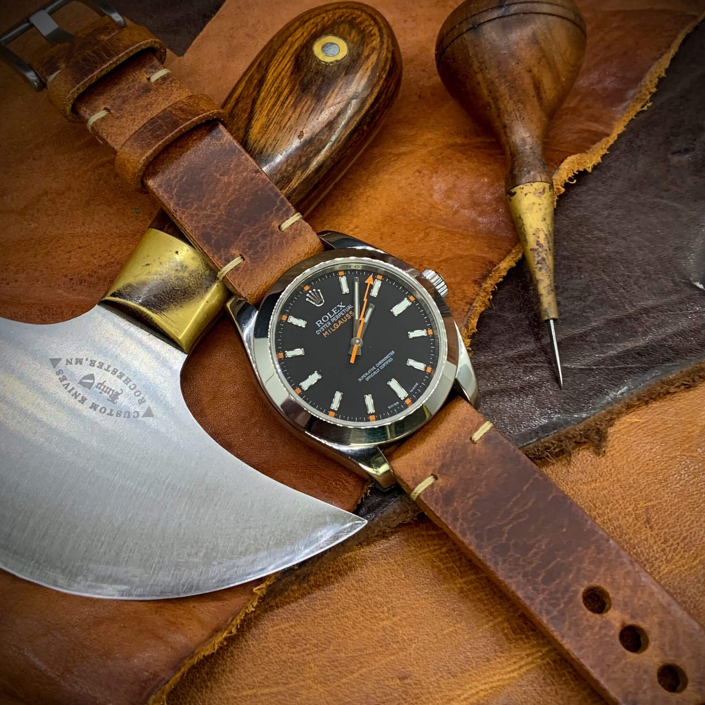 2-Piece Minimalist Leather Watch Strap, made with Wax Cognac full grain Italian veg-tanned leather by Cozy Handmade