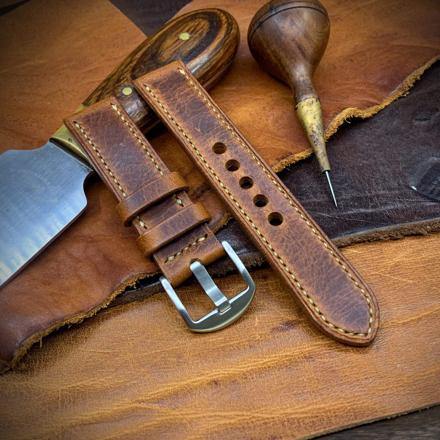 2-Piece Full Stitch Leather Watch Strap, made with Wax Cognac full grain Italian veg-tanned leather by Cozy Handmade