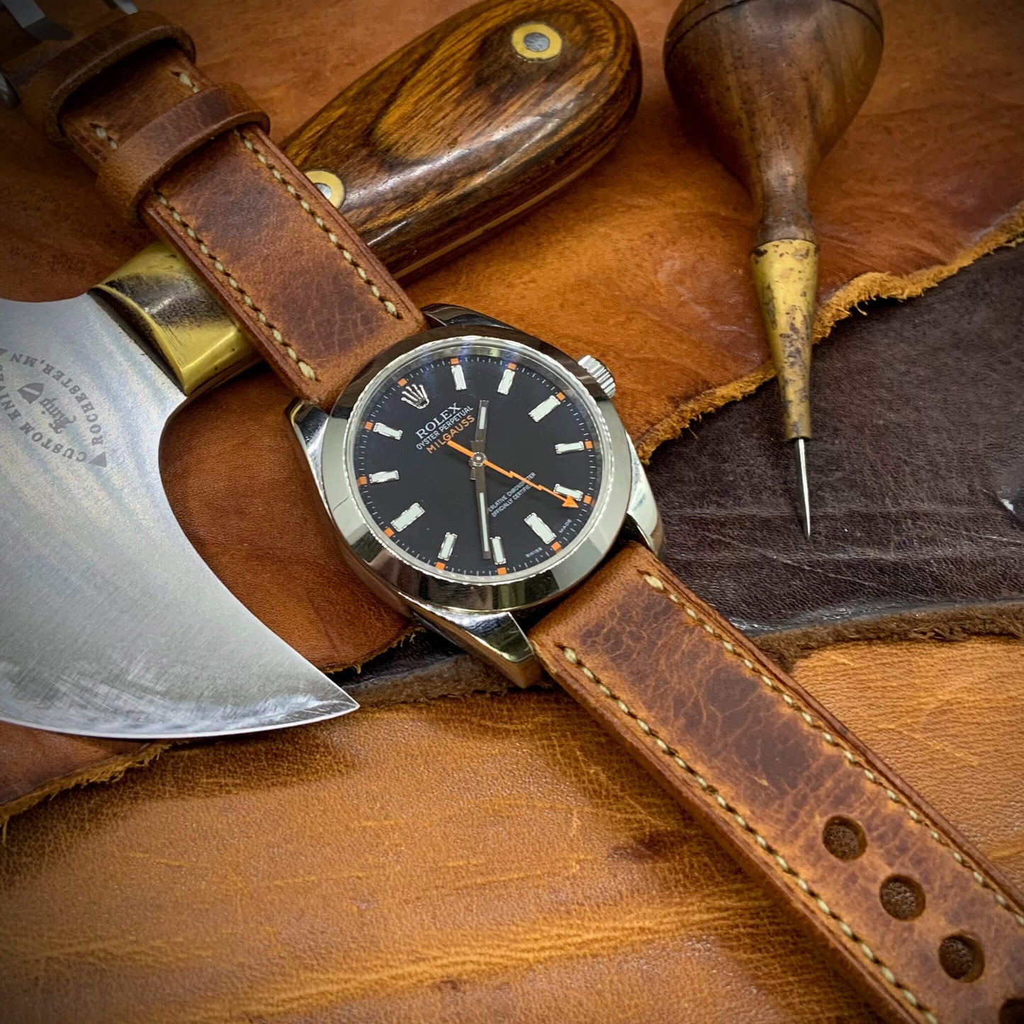 2-Piece Full Stitch Leather Watch Strap, made with Wax Cognac full grain Italian veg-tanned leather by Cozy Handmade