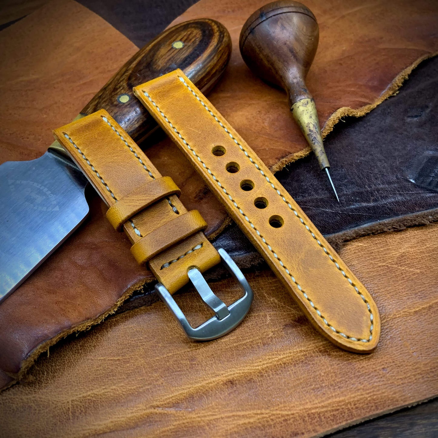 2-Piece Full Stitch Leather Watch Strap, made with Wax Napoli full grain Italian veg-tanned leather by Cozy Handmade