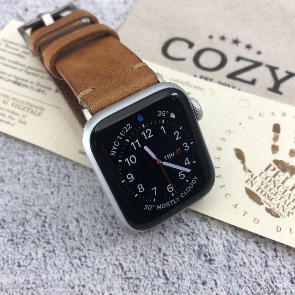 Minimalist Leather Apple Watch strap in Vintage 402 vegetable-tanned leather worn on Apple Watch — Cozy Handmade