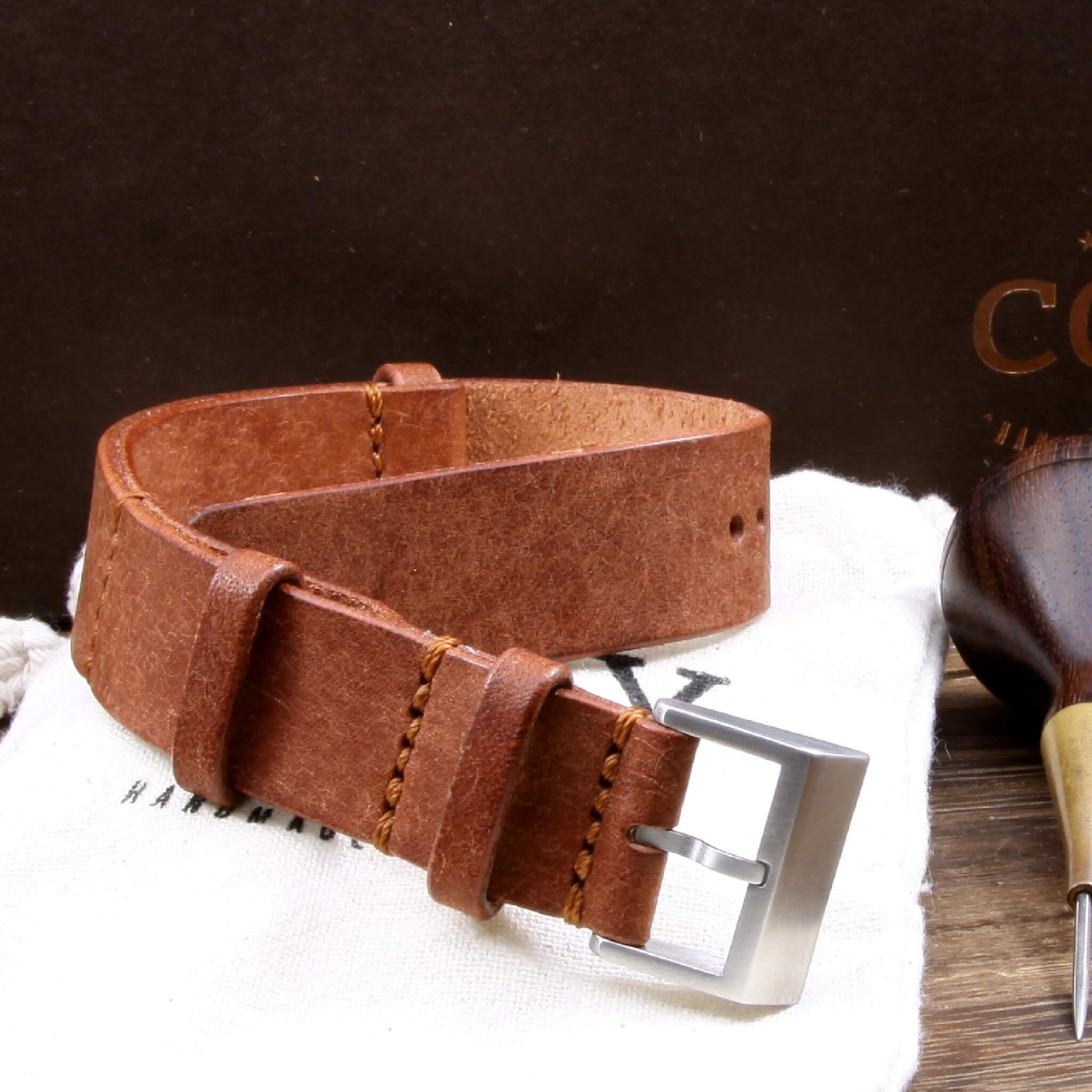 NAT2 Leather Watch Strap, Rustic Russet | Full Grain Italian Veg Tanned | Cozy Handmade