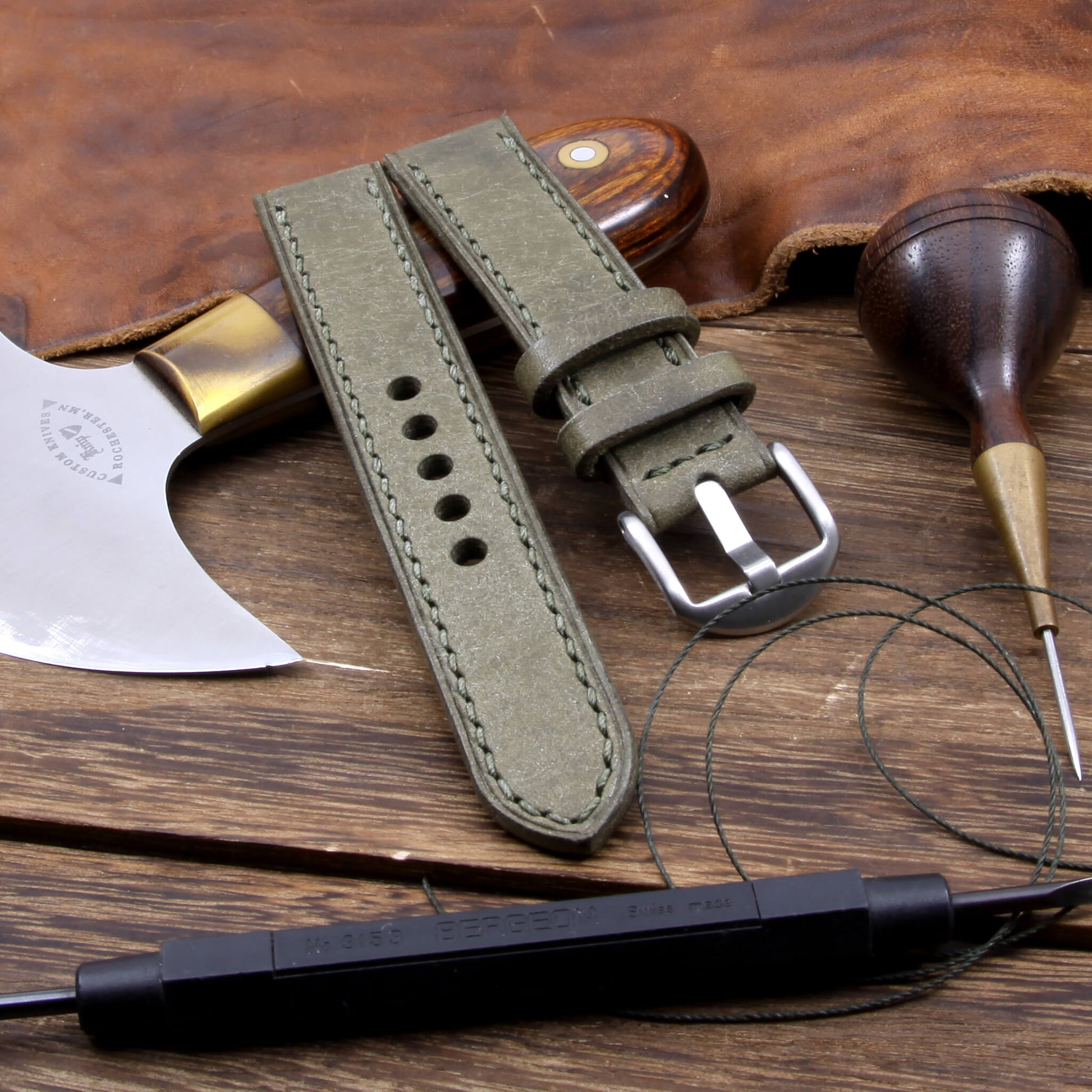 Leather Watch Strap, Rustic Olive | Full Stitch | Full Grain Italian Veg Tanned Leather | Cozy Handmade