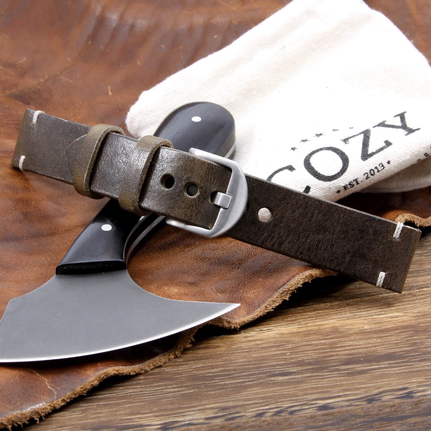 Minimalist Leather Apple Watch strap in Vintage 408 (Dark Olive Grey) vegetable-tanned leather — Cozy Handmade