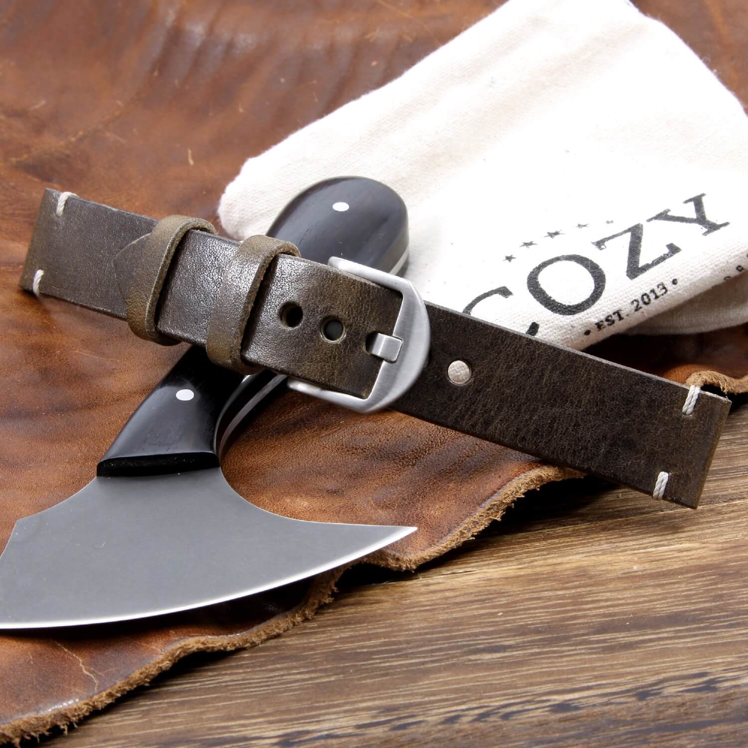 Minimalist Leather Apple Watch strap in Vintage 408 (Dark Olive Grey) vegetable-tanned leather — Cozy Handmade